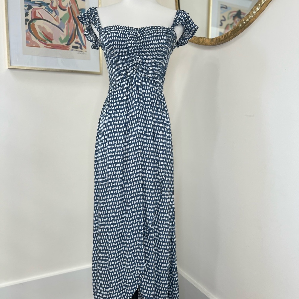 Blue and White Smocked Maxi Sundress with Sweetheart Neckline